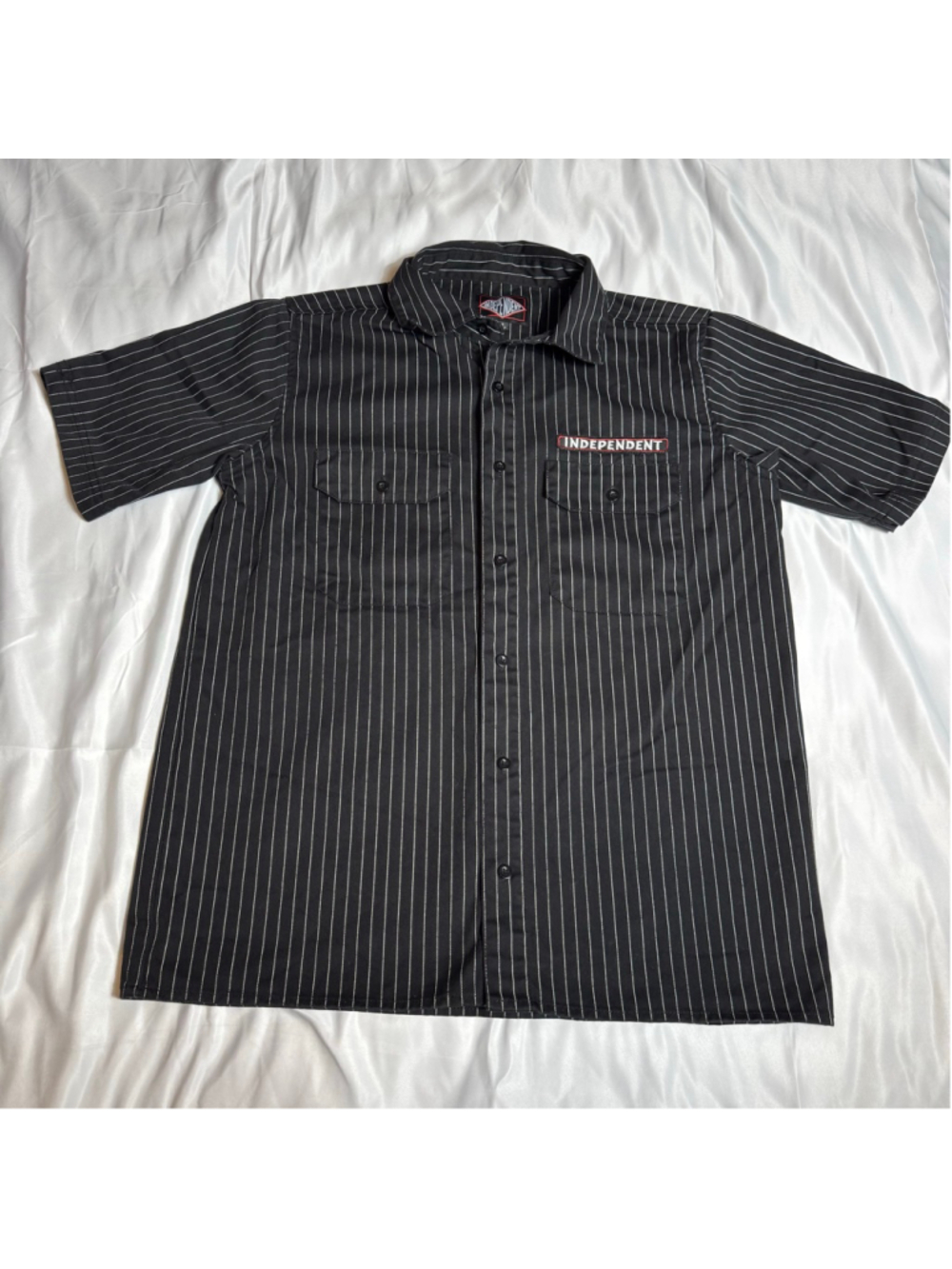 Men's Independent Black White Pinstripe Casual Button Down Shirt M